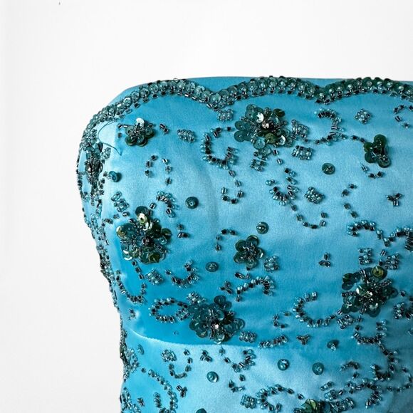 Vintage Y2K Pastel Blue Strapless Floral Beaded Satin Maxi Prom Dress Size S - Picture 7 of 14
